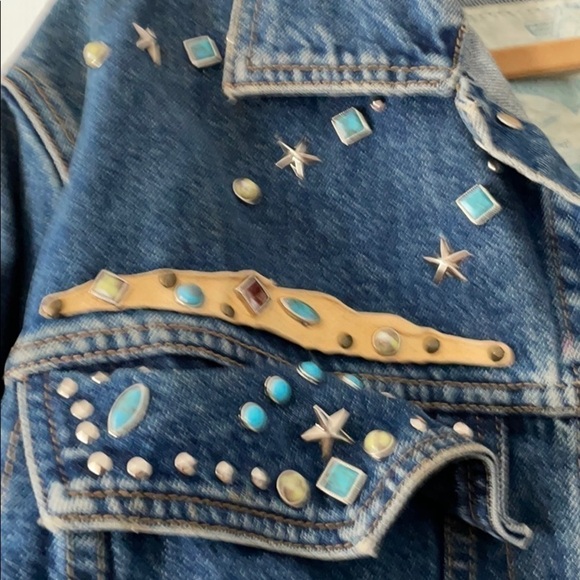 Vintage Jean Denim Frayed Edge Stud & Embellished FREEGO Leather Cropped Jacket - Picture 4 of 9